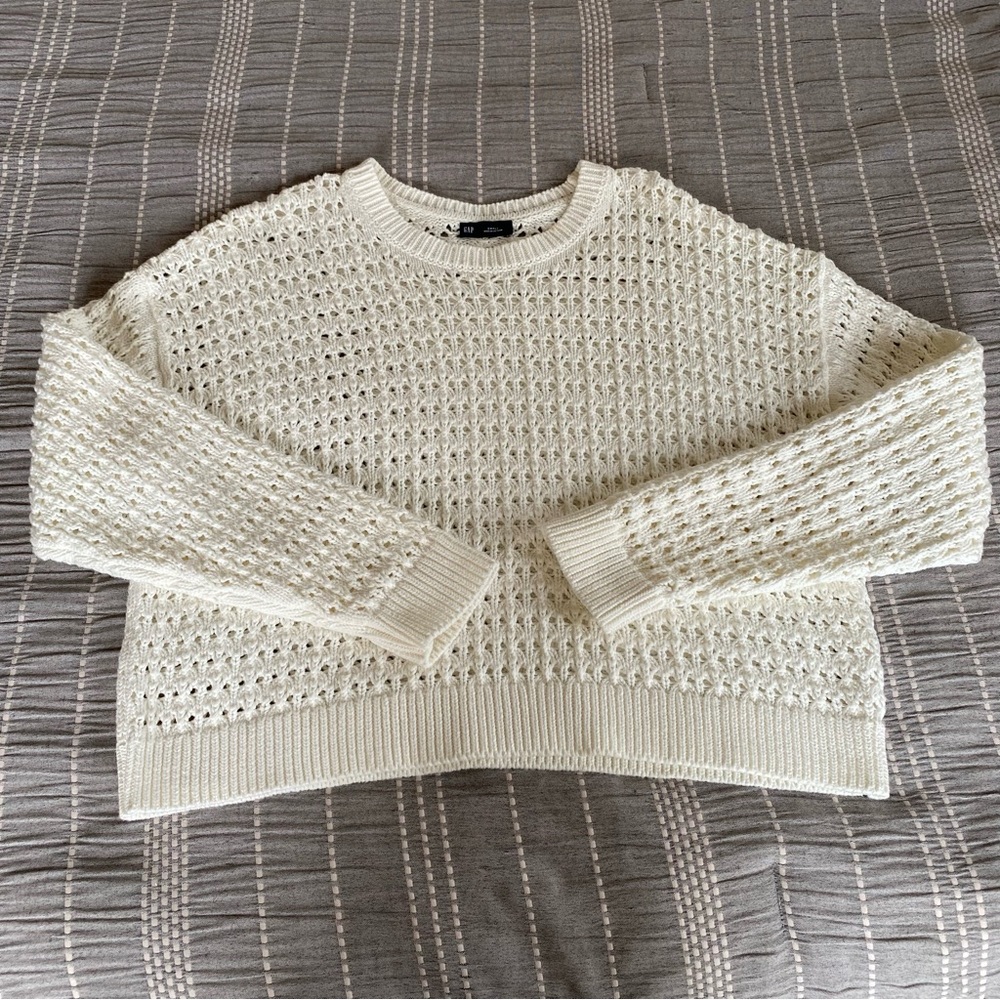 Gap Cream White Cotton Crew Neck Sweater Spring Small Boxy Oversized Coastal